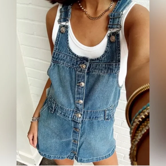 FREE PEOPLE EDDIE DENIM OVERALL MINI DRESS SKIRTALL XS NWT - Picture 5 of 15